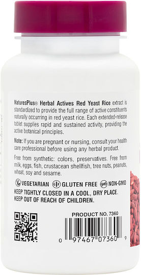 Nature's Plus Herbal Actives Plus Red Yeast Rice Extended Release 30 Vegetable Capsules