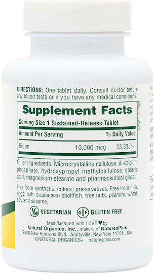 Nature's Plus Klinisch hochdosiertes Biotin Vitamin B7 (Biotin) 10 mg 90 Tabletten