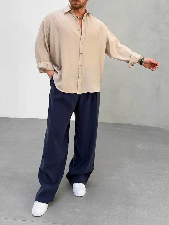Long Sleeve Cotton Shirt in a Wide Fit Beige