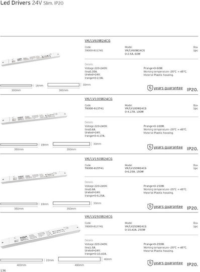 VK Lighting Τροφοδοτικό LED IP20 Ισχύος 100W με Τάση Εξόδου 24V