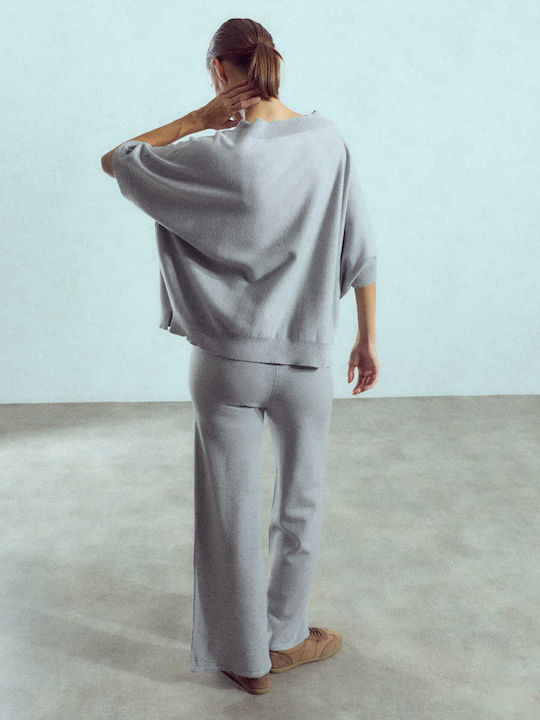 Set Bluză și Pantaloni Largi de Damă din Tricot, Croială Lejeră, Gri
