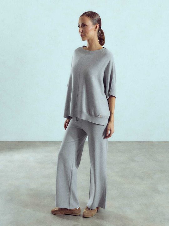 Set Bluză și Pantaloni Largi de Damă din Tricot, Croială Lejeră, Gri
