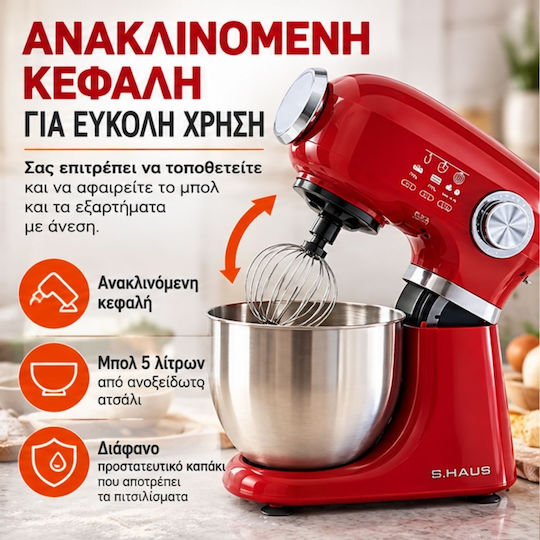 Küchenmaschine 1300 W mit Rostfreier 5-l-Edelstahlschüssel Rot