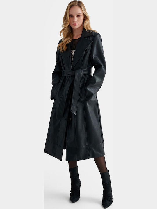 Schwarzer Damen-Ledermantel im Gabardine-Stil