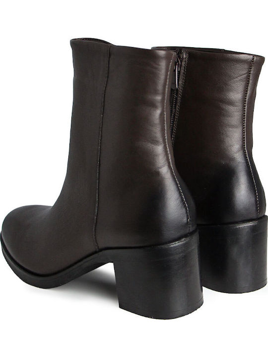 Leather Women's Ankle Boots with Medium Heel Brown