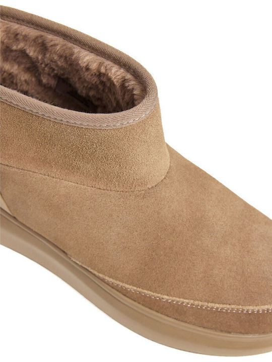 Beige Damen-Lederstiefeletten mit Pelz