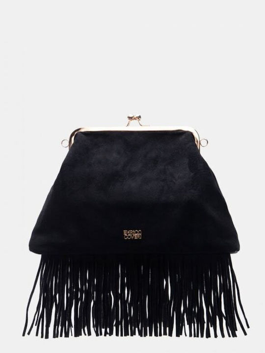 Schwarze Damen-Schultertasche aus Stoff und Wildleder mit Fransen