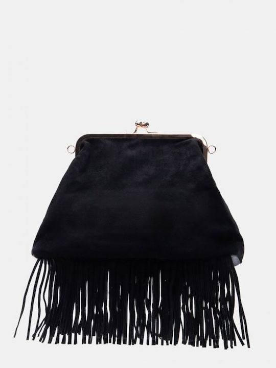 Schwarze Damen-Schultertasche aus Stoff und Wildleder mit Fransen