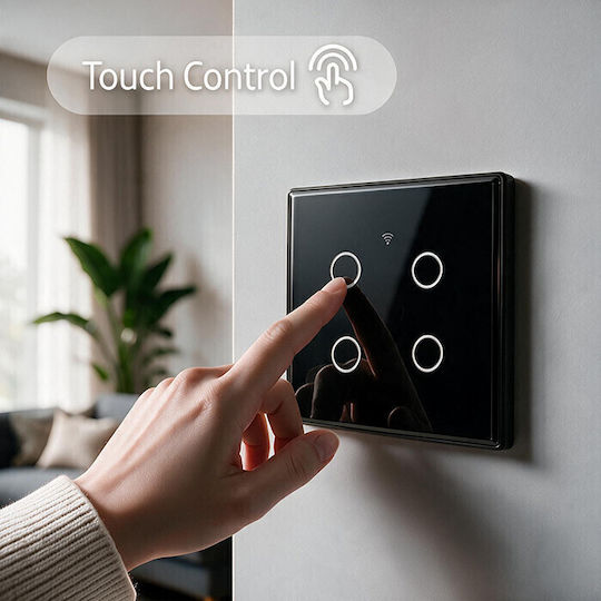 Qoltec Wall-Mounted Quadruple Wi-Fi Touch Wall Switch with Black Frame