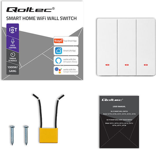 Qoltec Wall-Mounted Wi-Fi Triple Wall Switch with White Frame