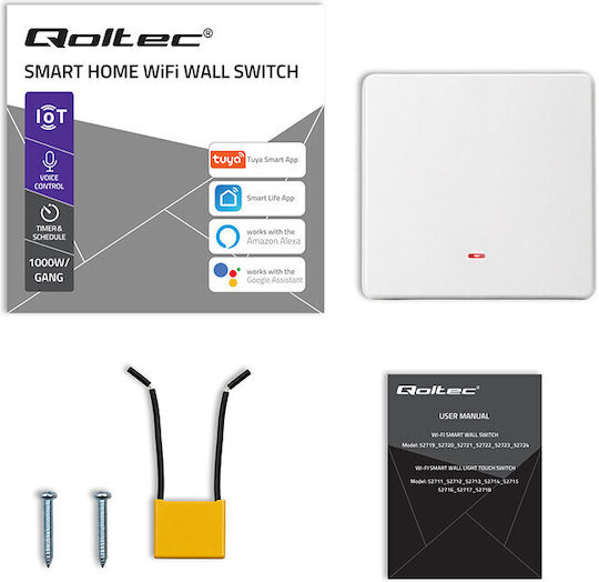 Qoltec Wall-Mounted Wi-Fi One-Way Wall Switch with White Frame