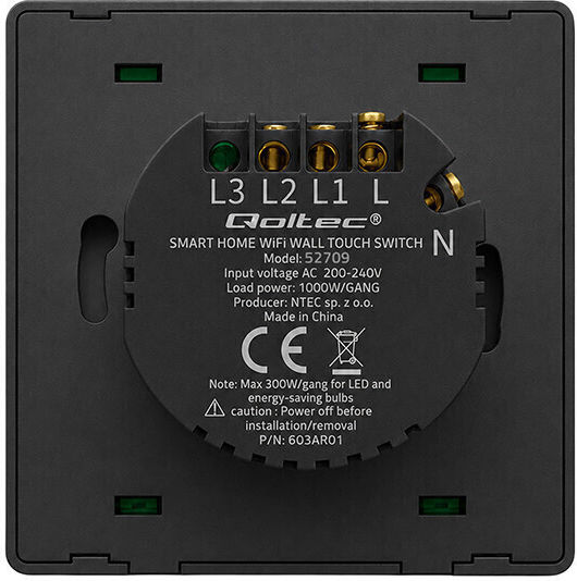 Qoltec Wall-Mounted Wi-Fi Triple Wall Switch with Frame Black