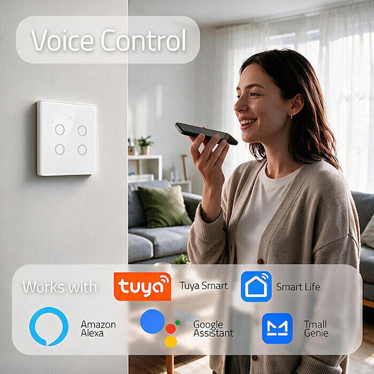 Qoltec Wall-Mounted Quadruple Wi-Fi Touch Wall Switch with White Frame