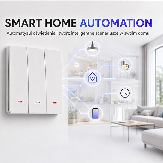 Qoltec Wall-Mounted Wi-Fi Triple Wall Switch with White Frame