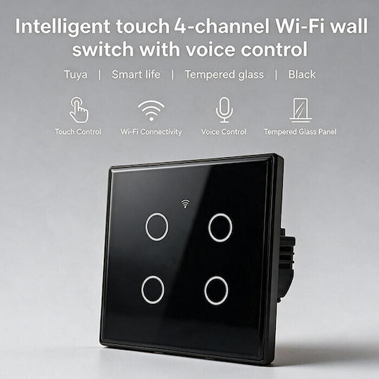 Qoltec Wall-Mounted Quadruple Wi-Fi Touch Wall Switch with Black Frame