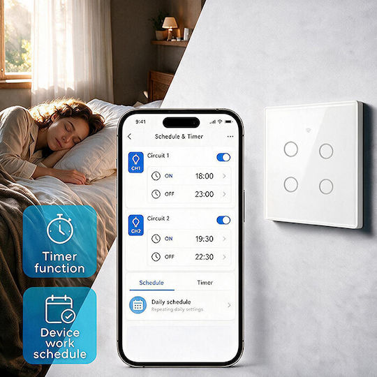 Qoltec Wall-Mounted Quadruple Wi-Fi Touch Wall Switch with White Frame