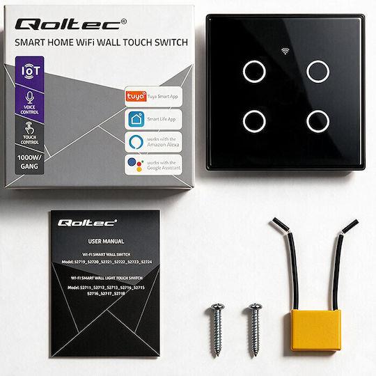 Qoltec Wall-Mounted Quadruple Wi-Fi Touch Wall Switch with Black Frame