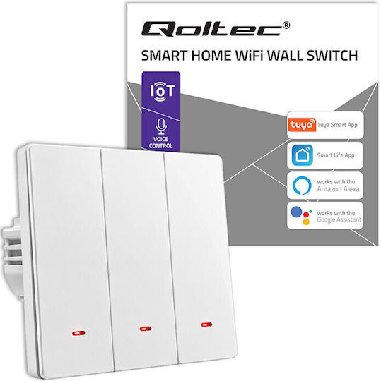 Qoltec Wall-Mounted Wi-Fi Triple Wall Switch with White Frame