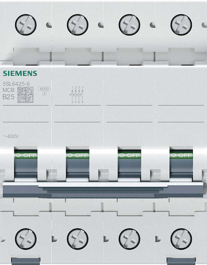 Siemens Automatic Circuit Breaker 4P B 25A 6kA AC Sentron 5SL6425-6