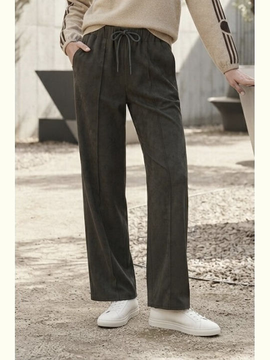 Women's Fabric Trousers with Elastic Waist Brown