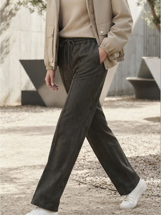 Women's Fabric Trousers with Elastic Waist Black
