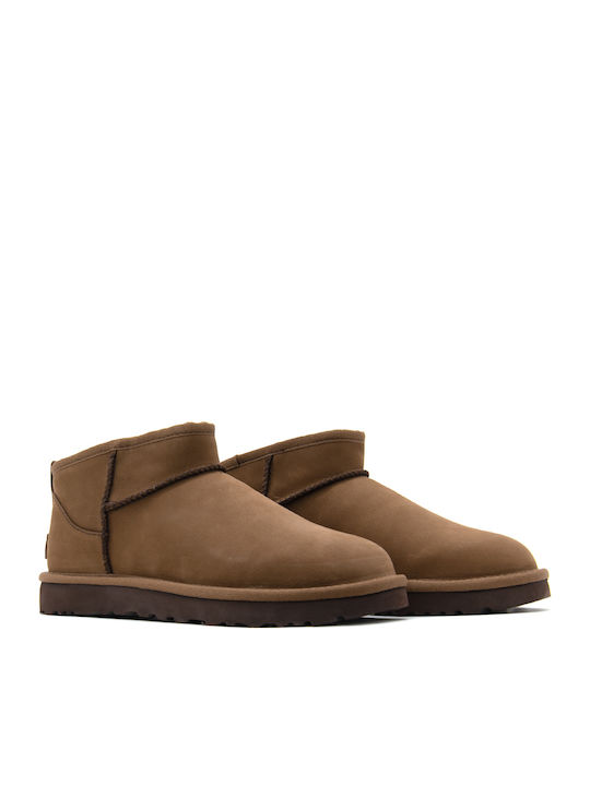 Classic Ultra Mini Leather Women's Ankle Boots with Fur Brown