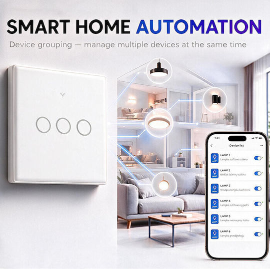Qoltec Wall-Mounted Triple Wi-Fi Touch Wall Switch with White Frame