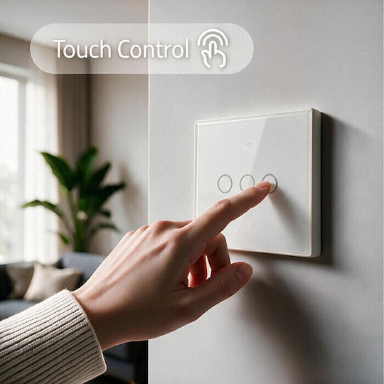Qoltec Wall-Mounted Triple Wi-Fi Touch Wall Switch with White Frame