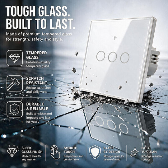 Qoltec Wall-Mounted Triple Wi-Fi Touch Wall Switch with White Frame