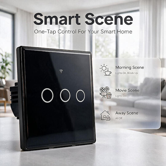 Qoltec Wall-Mounted Wi-Fi Triple Touch Wall Switch with Frame Black