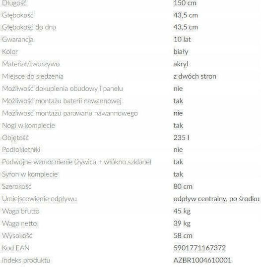 Cersanit Freistehende Acryl-Badewanne 150x80cm