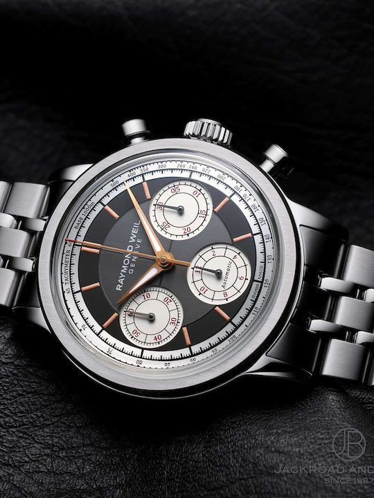 Ανδρικό Ρολόι 39mm Χρονογράφος Αυτόματο με Ασημί Ατσάλινο Μπρασελέ
