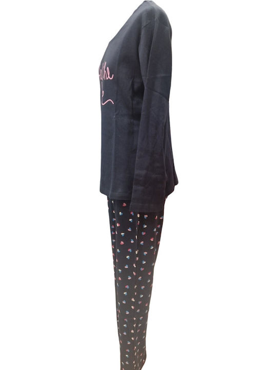 Nina Club Winterliches Damen-Pyjama-Set aus Baumwolle Anthrazit