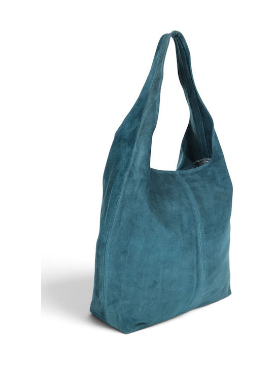 Damen-Schultertasche aus Leder und Wildleder Petrol