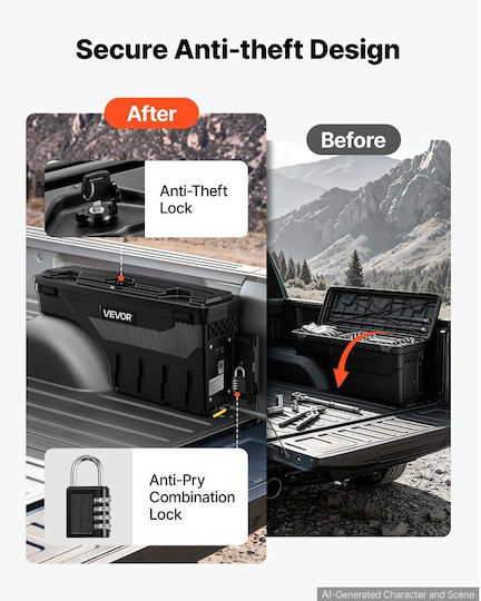 Vevor Truck Bed Storage Box, Waterproof ABS Wheel Well Toolbox, 25 L, Anti-Theft Combination Lock, Compatible with Dodge Ram 1500 2500 3500 2002–2018, Right Passenger Side, Drilling Required