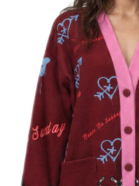 Gestrickte Strickjacke für Damen mit Knöpfen in Burgunderrot-Rosa-Hellblau