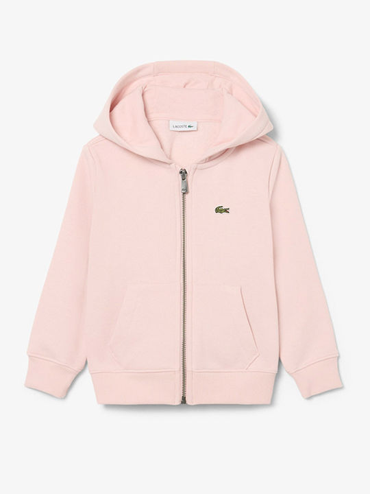 Lacoste Bluză de trening pentru copii din fleece, tip cardigan, cu Glugă și Buzunare, Lightpink