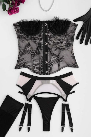 Dessous-Set Korsett Straps Strümpfe & Handschuhe Schwarz