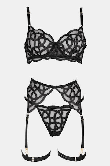 Set de Lenjerie Intimă Transparent Jartiere și Mănuși Negre