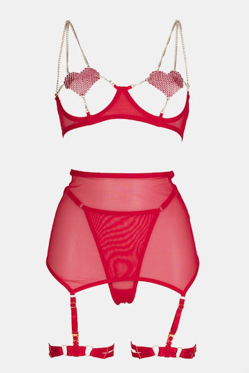 Dessous-Set mit Bügeln, Strass, Strapsen & Handschuhen Rot