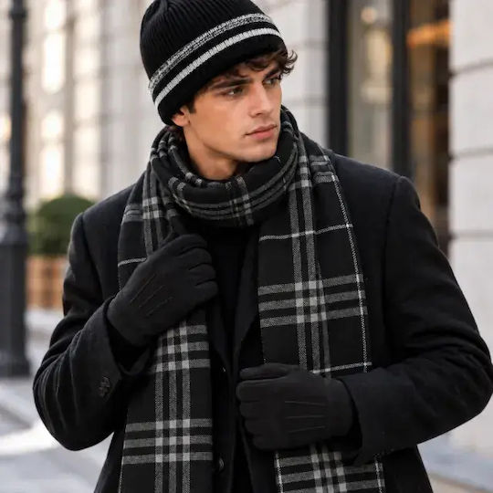 Herren-Set mit Strickmütze in Schwarz