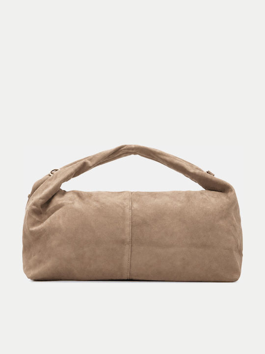 Damen-Schultertasche Aus Stoff Suede Dunkelbeige
