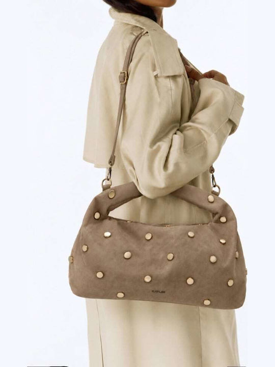 Damen-Schultertasche Aus Stoff Suede Dunkelbeige