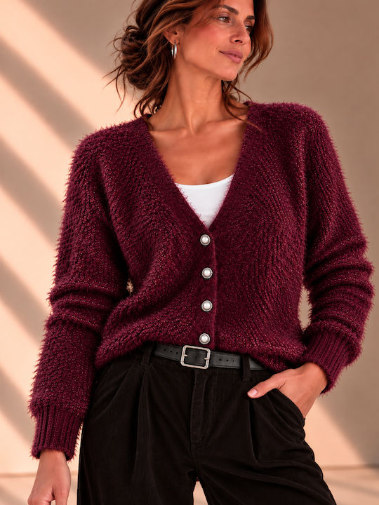 Kurze Damenstrickjacke, Gestrickt, mit Knöpfen, Bordeaux, Kurze Damenstrickjacke, Gestrickt, mit Knöpfen, Bordeaux,
