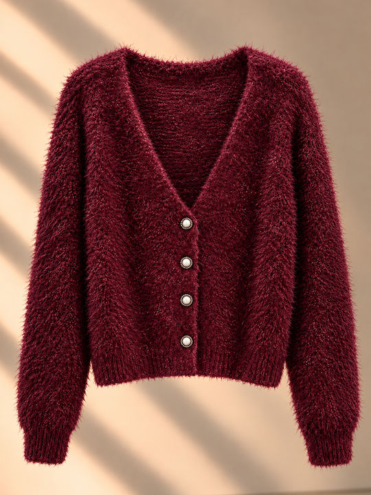 Kurze Damenstrickjacke, Gestrickt, mit Knöpfen, Bordeaux,