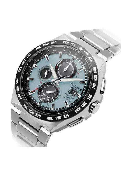 Eco-Drive Радиоуправляем Мъжки Часовник 43 mm Хронограф Eco-Drive със Сребриста Метална Верижка