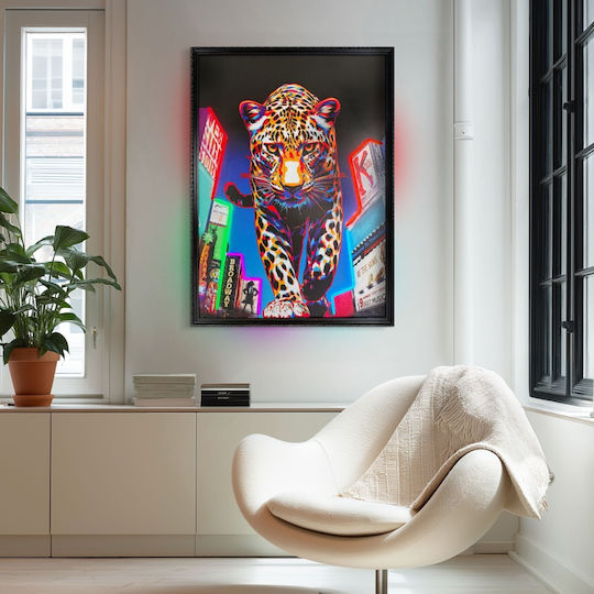 "New York Cat" Painting with Neon LED Lighting 70x100 cm