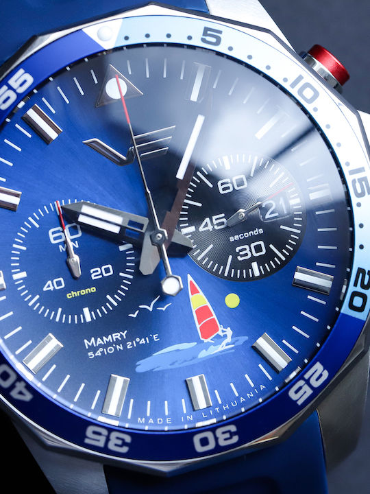 Herrenuhr 46 mm mit Quarzwerk und blauem Kautschukarmband