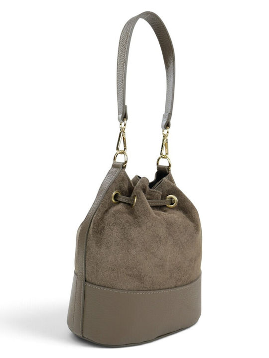 Leather Women's Suede Drawstring Bag Dark Taupe