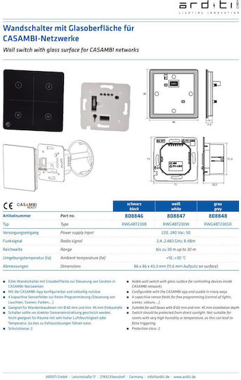 Casambi Recessed White Touch Wall Switch